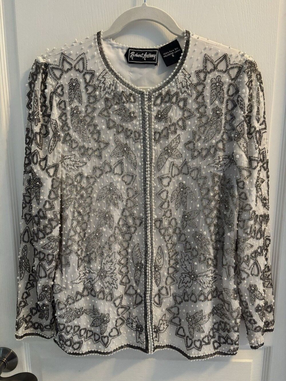 Robert Anthony Off White Silk Peal Beaded Formal Jacket Vintage Small